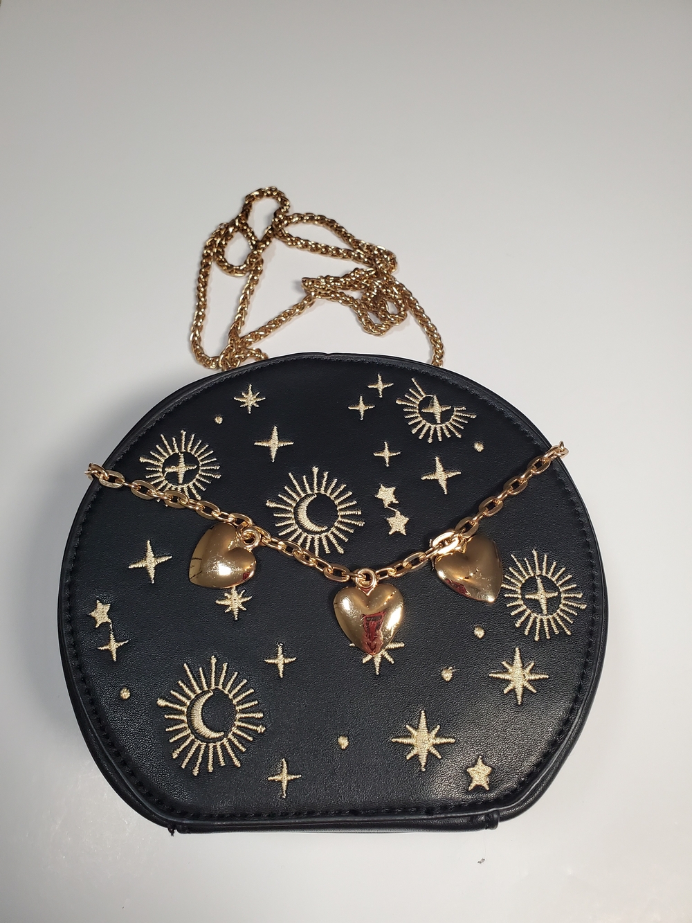Celestial Embroidered Round Crossbody Purse Black Gold Sun Star Faux Leather EUC